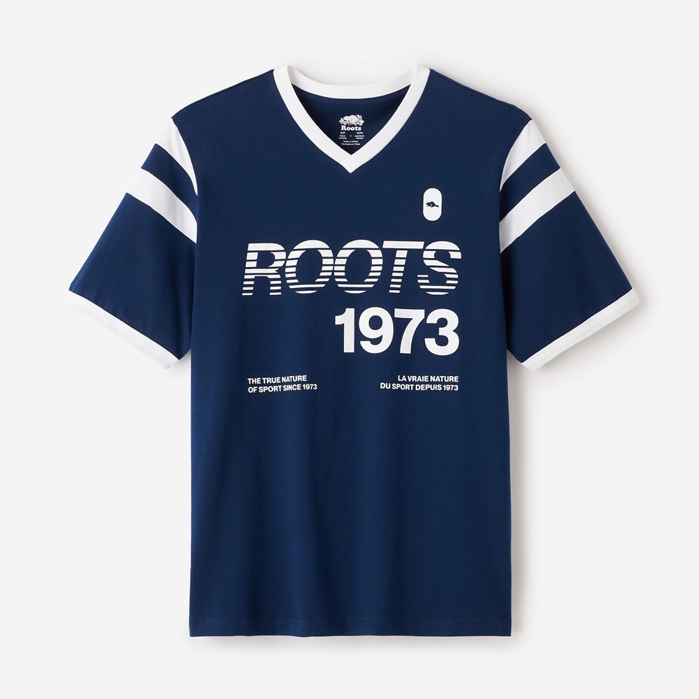 Roots Northern Athletics V-Neck Navy Blue and White Striped T-Shirt